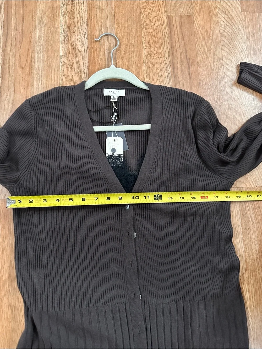 Sabine Brown Ribbed Cardigan with Black Lace-Trim Cami
